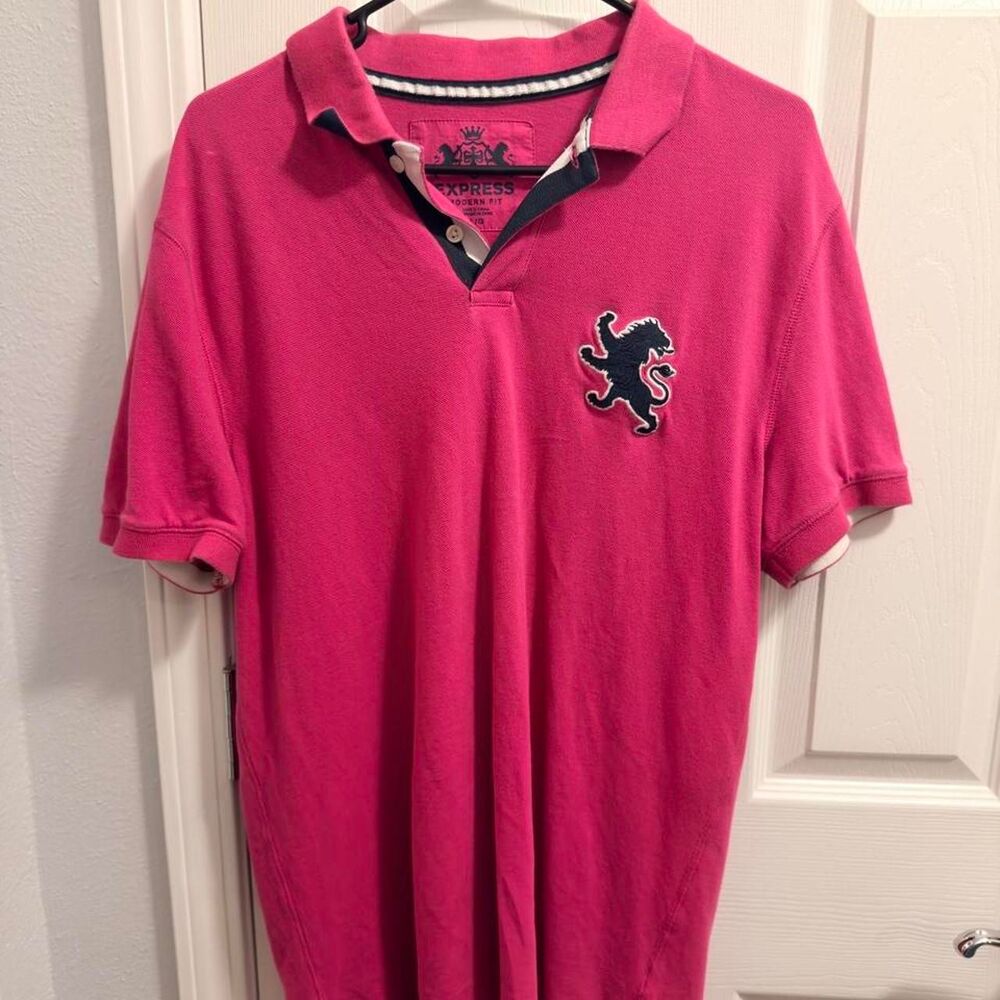 (2011) Express Big Lion Polo - Hot Pink/Navy - L
